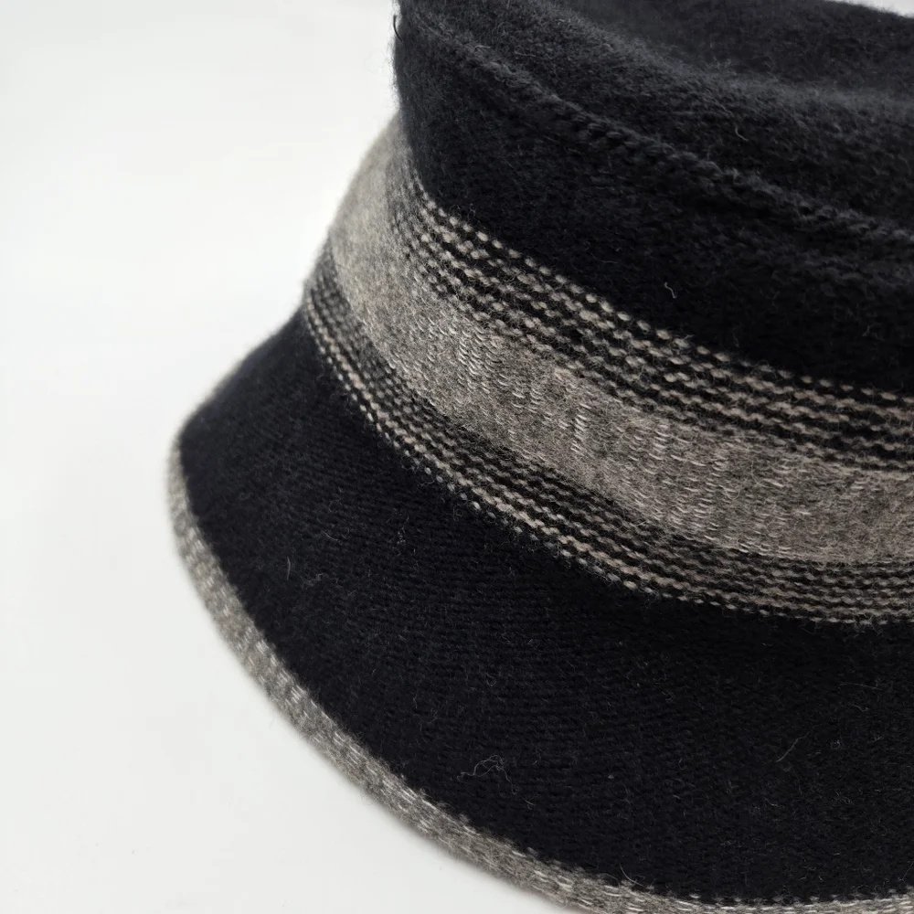 100% Wool Knit Bucket Hat Black Gray Stripe